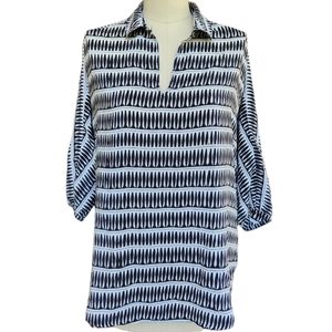Josie Natori Silk White Black Collared Tunic Top S